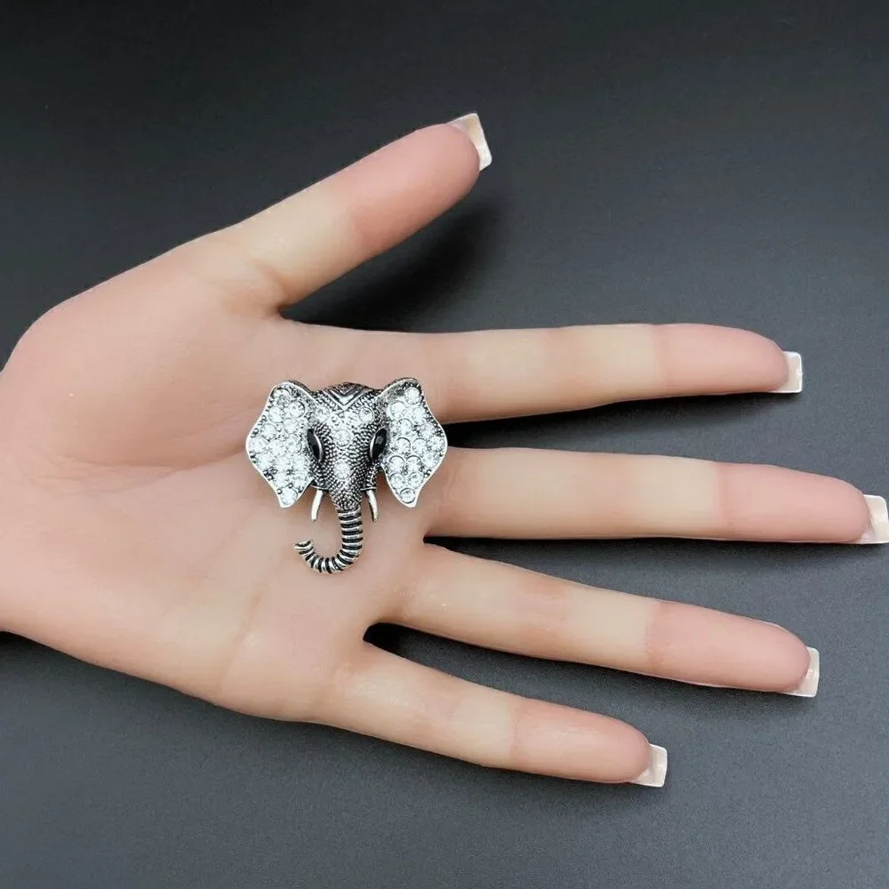 Silver with White Diamond and Black Onyx Crystal Elephant Pin Back Brooch